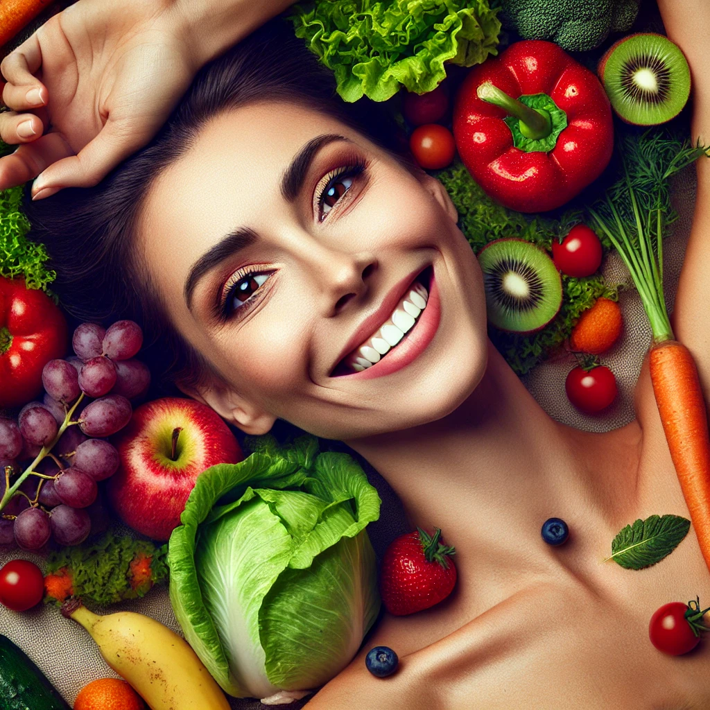 A beautiful young woman surrounded by delicious naked food, fruits, and vegetables